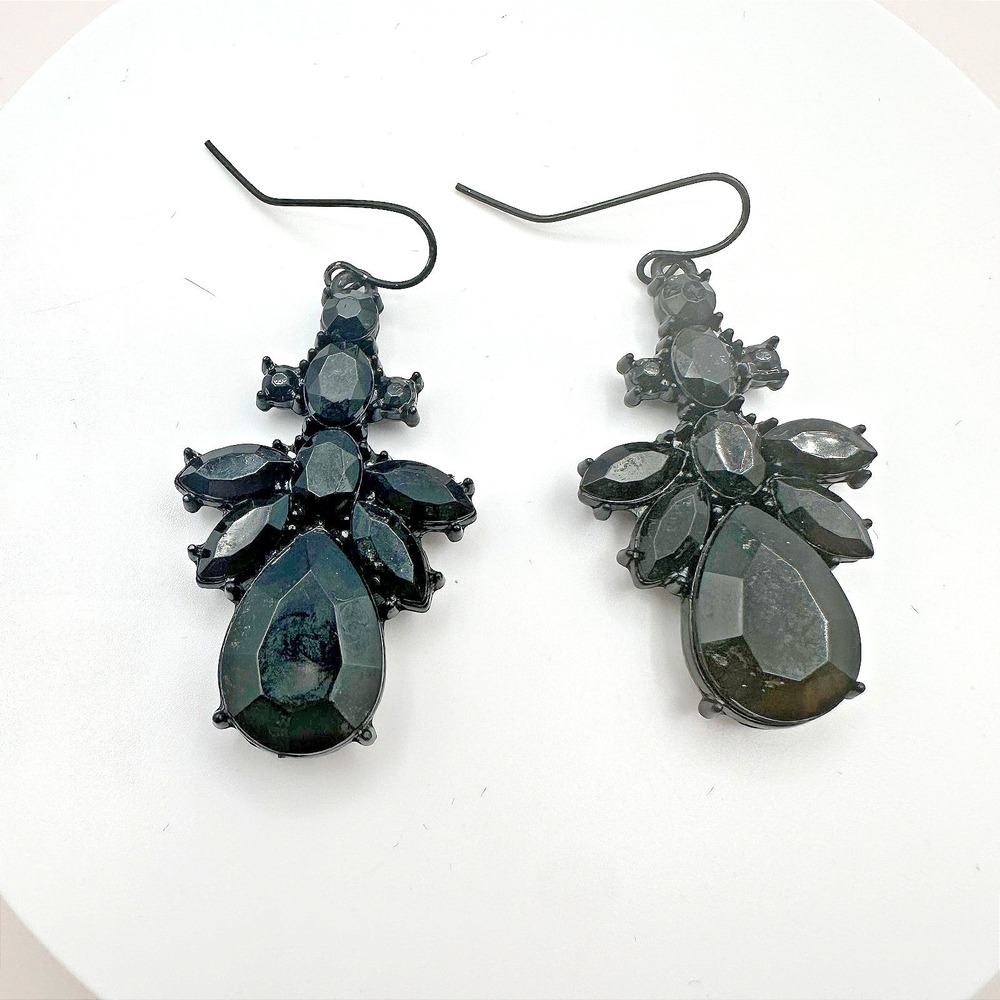 Vintage 90s Black Glass Stone Cluster Chandelier Earrings Statement Jewelry
